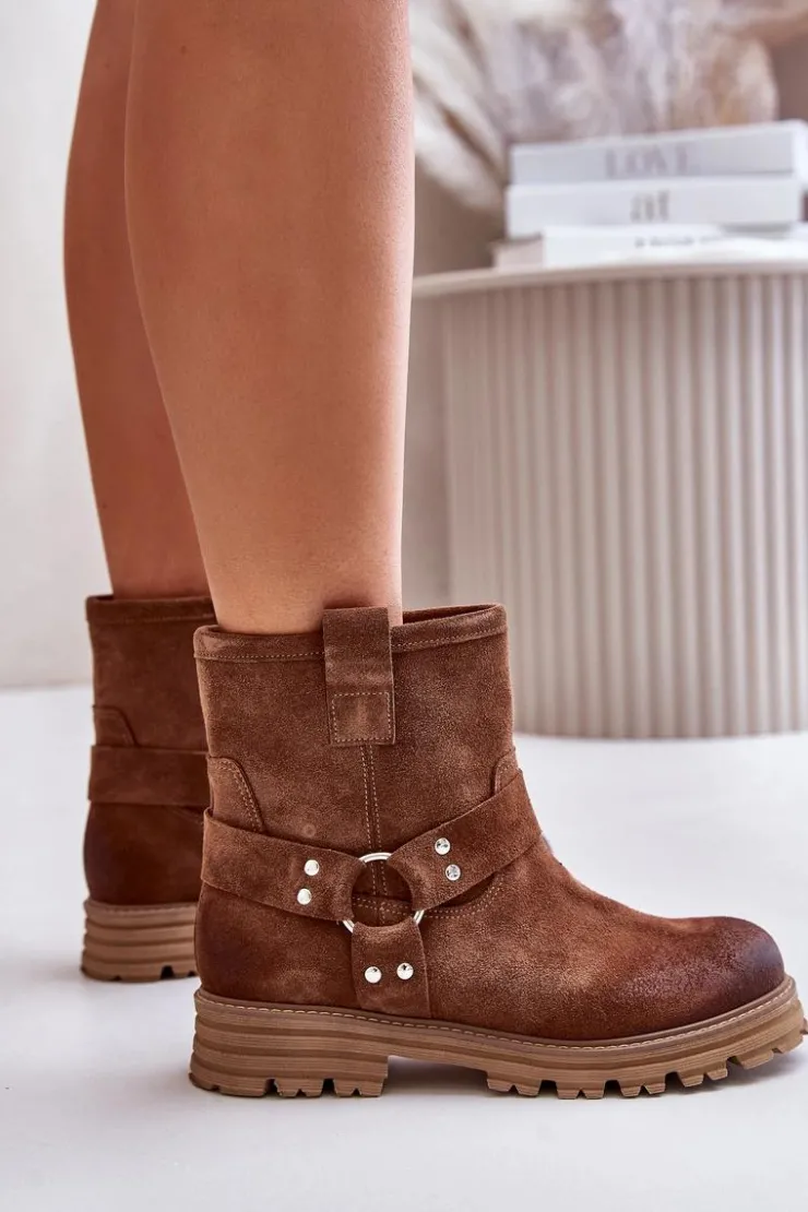 Boto Botki Płaskie|Botki Zamszowe*Zamszowe Botki Damskie Na Płaskim Obcasie Lewski 3610 Brązowe Brązowy