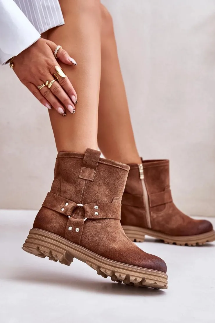 Boto Botki Płaskie|Botki Zamszowe*Zamszowe Botki Damskie Na Płaskim Obcasie Lewski 3610 Brązowe Brązowy