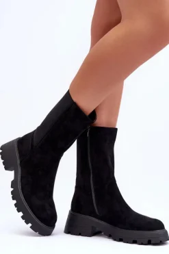 Outlet Boto Zamszowe Botki Damskie Na Płaskim Obcasie Czarne Altandros