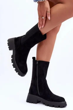 Outlet Boto Zamszowe Botki Damskie Na Płaskim Obcasie Czarne Altandros