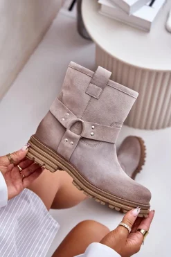 Damskie Boto Zamszowe Botki Damskie Na Płaskim Obcasie Lewski 3610 Cappucino