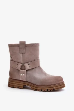 Damskie Boto Zamszowe Botki Damskie Na Płaskim Obcasie Lewski 3610 Cappucino