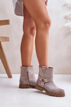 Damskie Boto Zamszowe Botki Damskie Na Płaskim Obcasie Lewski 3610 Cappucino