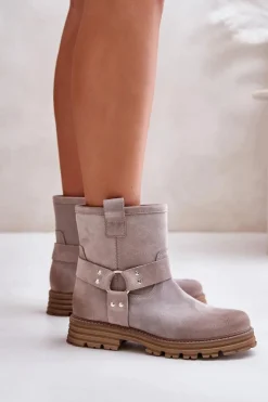 Damskie Boto Zamszowe Botki Damskie Na Płaskim Obcasie Lewski 3610 Cappucino