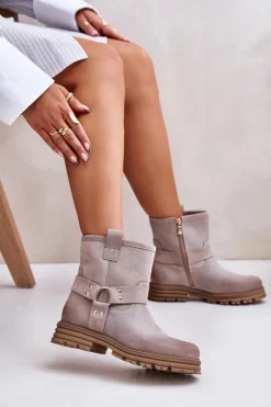 Damskie Boto Zamszowe Botki Damskie Na Płaskim Obcasie Lewski 3610 Cappucino