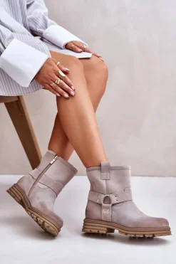 Damskie Boto Zamszowe Botki Damskie Na Płaskim Obcasie Lewski 3610 Cappucino