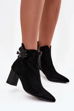 Damskie D&A Zamszowe Botki Damskie Na Słupku Z Ozdobą CR52-686 Czarne