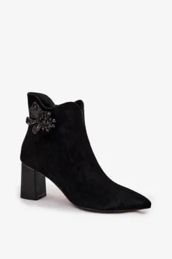 Damskie D&A Zamszowe Botki Damskie Na Słupku Z Ozdobą CR52-686 Czarne