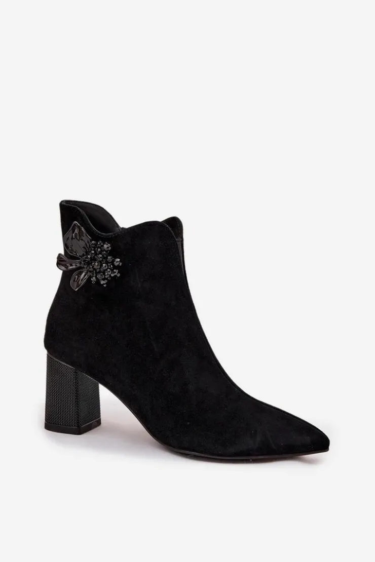 Damskie D&A Zamszowe Botki Damskie Na Słupku Z Ozdobą CR52-686 Czarne
