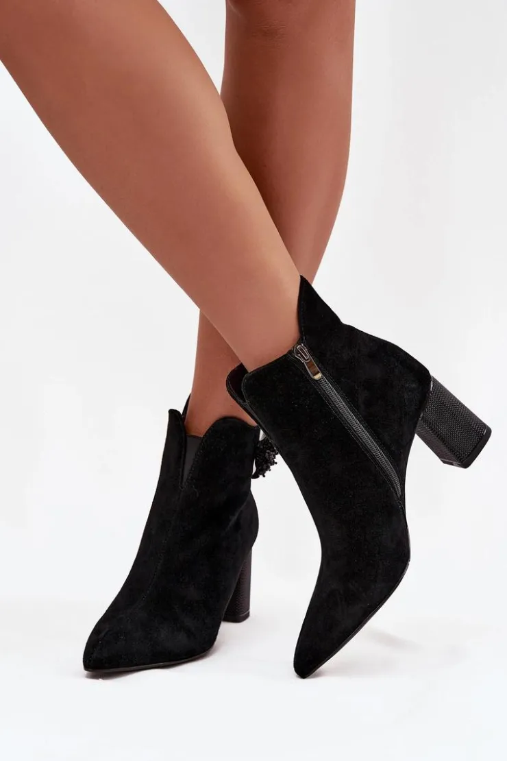 Damskie D&A Zamszowe Botki Damskie Na Słupku Z Ozdobą CR52-686 Czarne