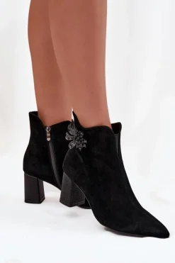 Damskie D&A Zamszowe Botki Damskie Na Słupku Z Ozdobą CR52-686 Czarne