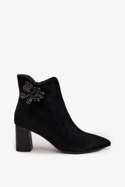 Damskie D&A Zamszowe Botki Damskie Na Słupku Z Ozdobą CR52-686 Czarne