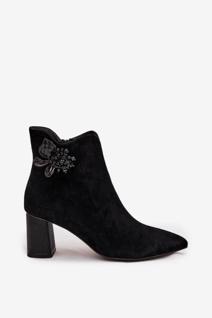 Damskie D&A Zamszowe Botki Damskie Na Słupku Z Ozdobą CR52-686 Czarne