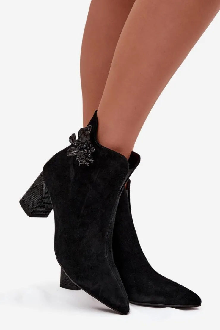 Damskie D&A Zamszowe Botki Damskie Na Słupku Z Ozdobą CR52-686 Czarne