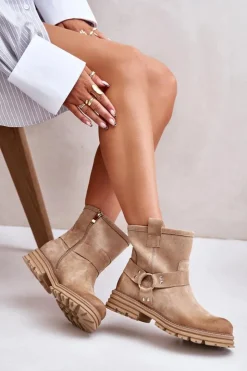 Boto Botki Płaskie|Botki Zamszowe*Zamszowe Botki Damskie Na Płaskim Obcasie Lewski 3610 Beżowe Beżowy