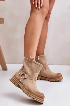 Boto Botki Płaskie|Botki Zamszowe*Zamszowe Botki Damskie Na Płaskim Obcasie Lewski 3610 Beżowe Beżowy