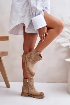 Boto Botki Płaskie|Botki Zamszowe*Zamszowe Botki Damskie Na Płaskim Obcasie Lewski 3610 Beżowe Beżowy