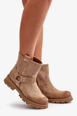 Boto Botki Płaskie|Botki Zamszowe*Zamszowe Botki Damskie Na Płaskim Obcasie Lewski 3610 Beżowe Beżowy