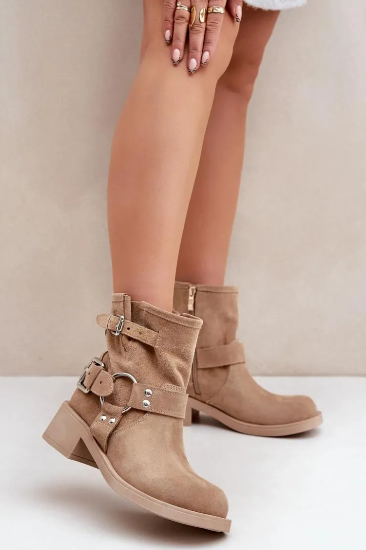 Zazoo Botki Na Obcasie*Zamszowe Botki Damskie Na Niskim Obcasie Klocku Z Paskami 3644 Beżowe Beżowy