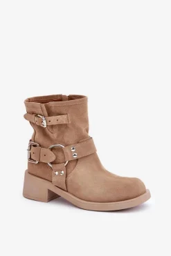 Zazoo Botki Na Obcasie*Zamszowe Botki Damskie Na Niskim Obcasie Klocku Z Paskami 3644 Beżowe Beżowy