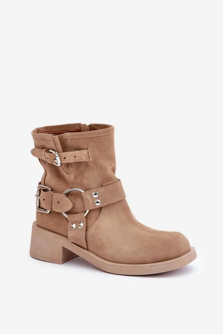 Zazoo Botki Na Obcasie*Zamszowe Botki Damskie Na Niskim Obcasie Klocku Z Paskami 3644 Beżowe Beżowy