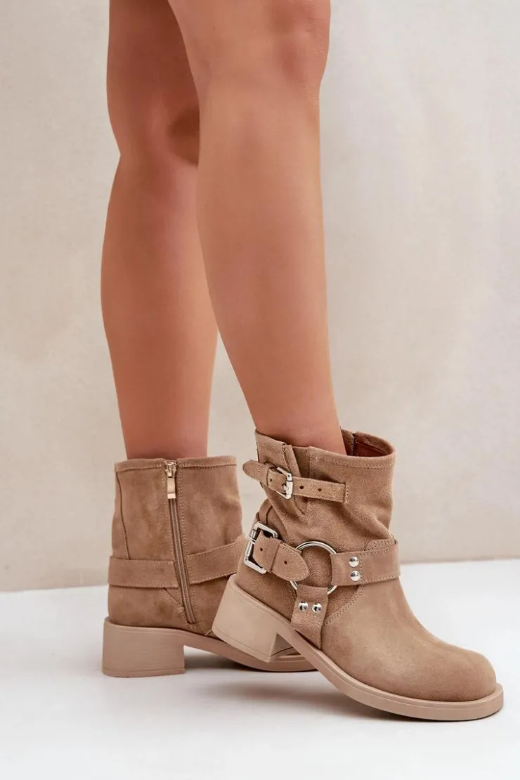Zazoo Botki Na Obcasie*Zamszowe Botki Damskie Na Niskim Obcasie Klocku Z Paskami 3644 Beżowe Beżowy