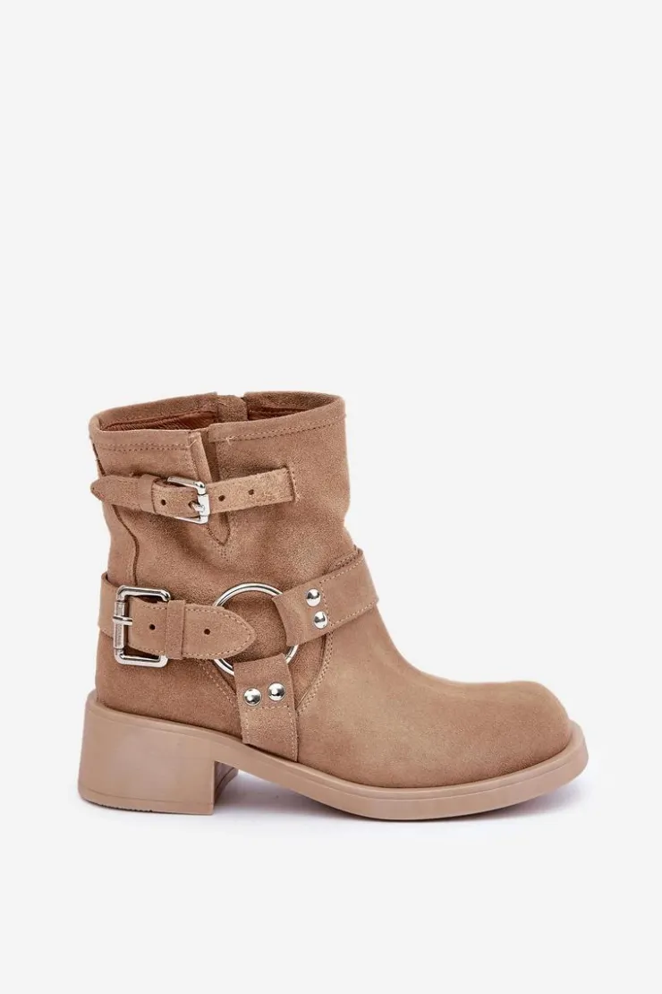 Zazoo Botki Na Obcasie*Zamszowe Botki Damskie Na Niskim Obcasie Klocku Z Paskami 3644 Beżowe Beżowy