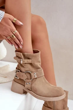 Zazoo Botki Na Obcasie*Zamszowe Botki Damskie Na Niskim Obcasie Klocku Z Paskami 3644 Beżowe Beżowy