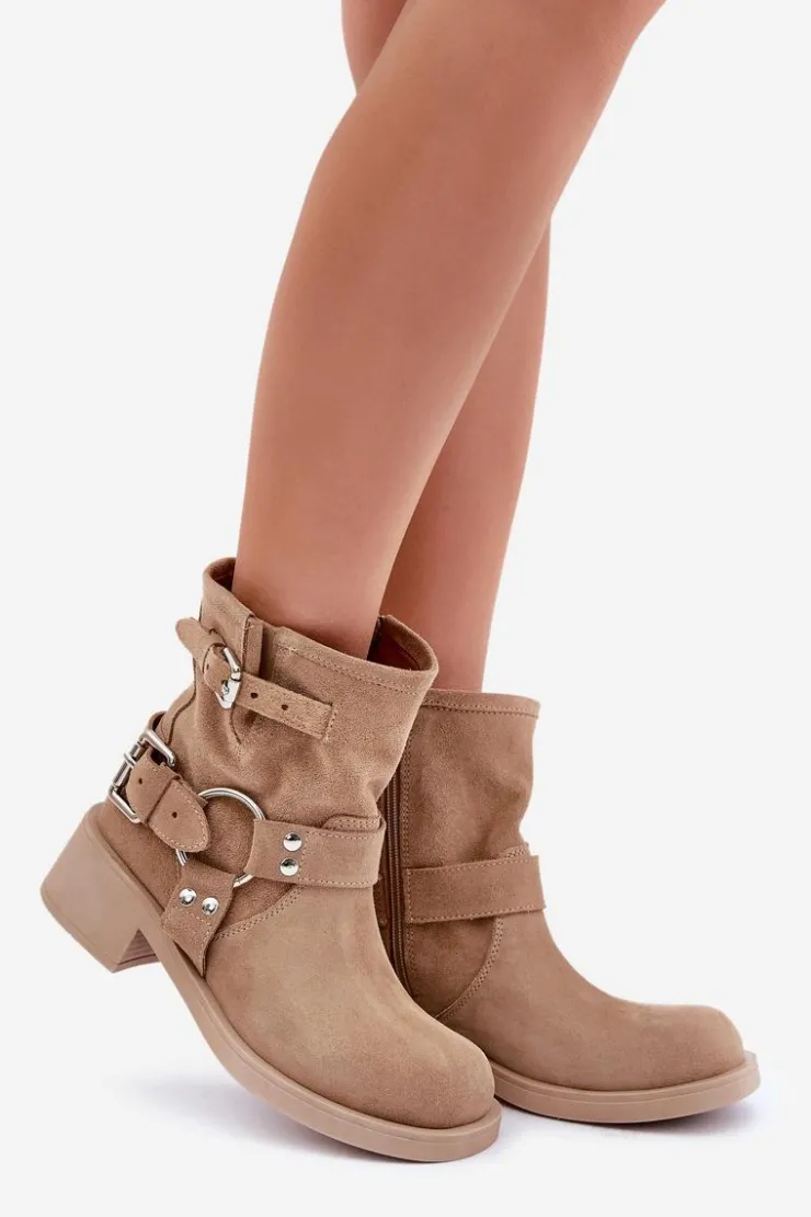 Zazoo Botki Na Obcasie*Zamszowe Botki Damskie Na Niskim Obcasie Klocku Z Paskami 3644 Beżowe Beżowy