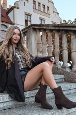 Damskie Boto Zamszowe Botki Damskie Na Słupku Ocieplane Brązowe Arelia