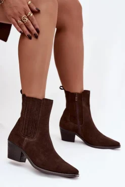 Damskie Boto Zamszowe Botki Damskie Na Słupku Ocieplane Brązowe Arelia