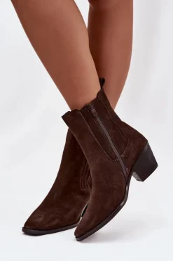 Damskie Boto Zamszowe Botki Damskie Na Słupku Ocieplane Brązowe Arelia