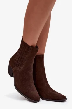 Damskie Boto Zamszowe Botki Damskie Na Słupku Ocieplane Brązowe Arelia
