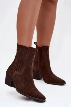Damskie Boto Zamszowe Botki Damskie Na Słupku Ocieplane Brązowe Arelia