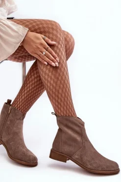 Boto Brązowe I Beżowe Botki|Botki Płaskie*Zamszowe Botki Damskie Na Suwak Ciemnobeżowe Nicole 2829