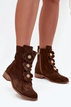Damskie Zazoo Zamszowe Botki Damskie Z Ozdobnymi Kwiatkami 3085 Brązowe