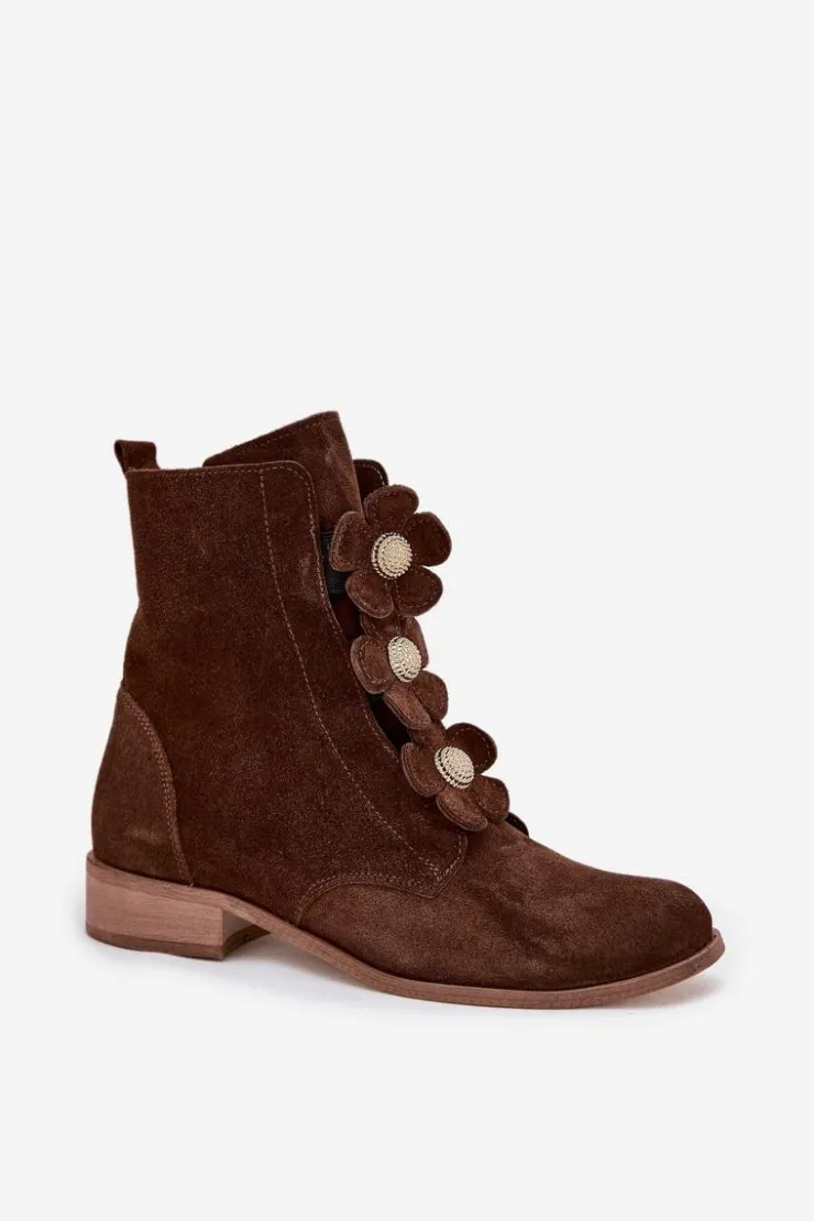 Damskie Zazoo Zamszowe Botki Damskie Z Ozdobnymi Kwiatkami 3085 Brązowe