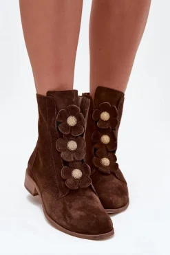 Damskie Zazoo Zamszowe Botki Damskie Z Ozdobnymi Kwiatkami 3085 Brązowe
