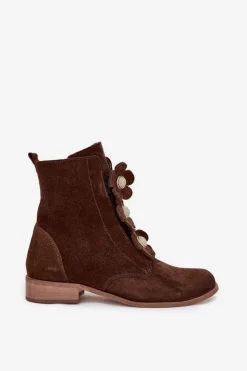 Damskie Zazoo Zamszowe Botki Damskie Z Ozdobnymi Kwiatkami 3085 Brązowe