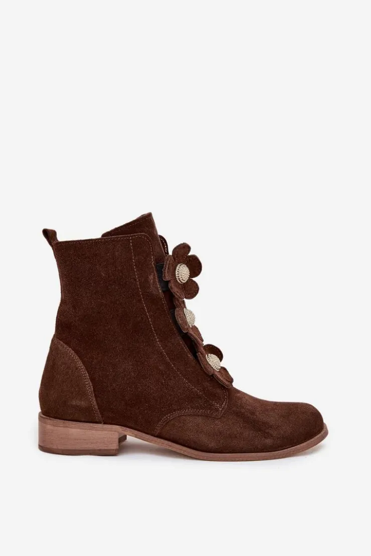 Damskie Zazoo Zamszowe Botki Damskie Z Ozdobnymi Kwiatkami 3085 Brązowe