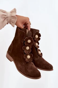 Damskie Zazoo Zamszowe Botki Damskie Z Ozdobnymi Kwiatkami 3085 Brązowe