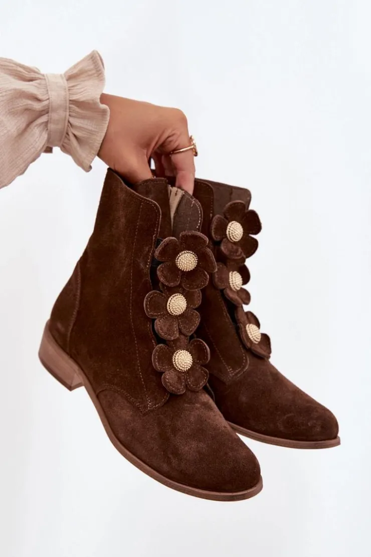 Damskie Zazoo Zamszowe Botki Damskie Z Ozdobnymi Kwiatkami 3085 Brązowe