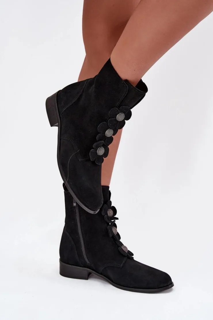 Zazoo Botki Płaskie*Zamszowe Botki Damskie Z Ozdobnymi Kwiatkami 3085 Czarne Czarny