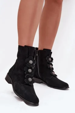 Zazoo Botki Płaskie*Zamszowe Botki Damskie Z Ozdobnymi Kwiatkami 3085 Czarne Czarny