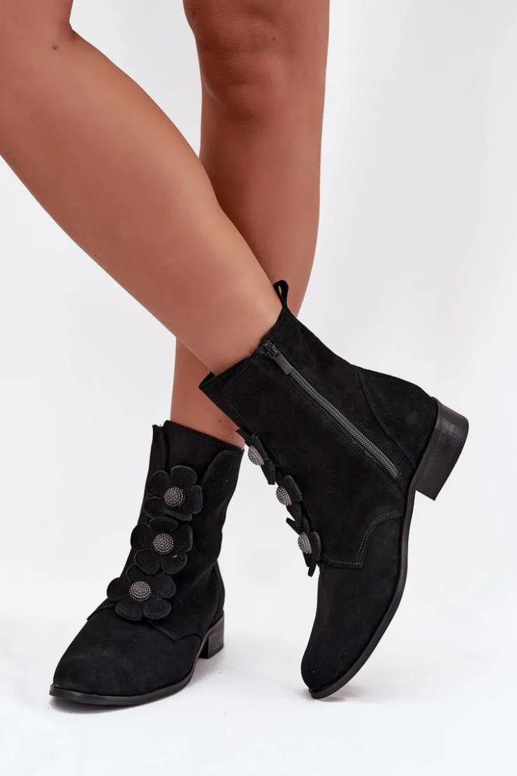 Zazoo Botki Płaskie*Zamszowe Botki Damskie Z Ozdobnymi Kwiatkami 3085 Czarne Czarny