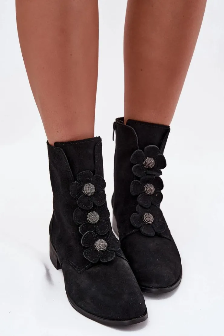 Zazoo Botki Płaskie*Zamszowe Botki Damskie Z Ozdobnymi Kwiatkami 3085 Czarne Czarny