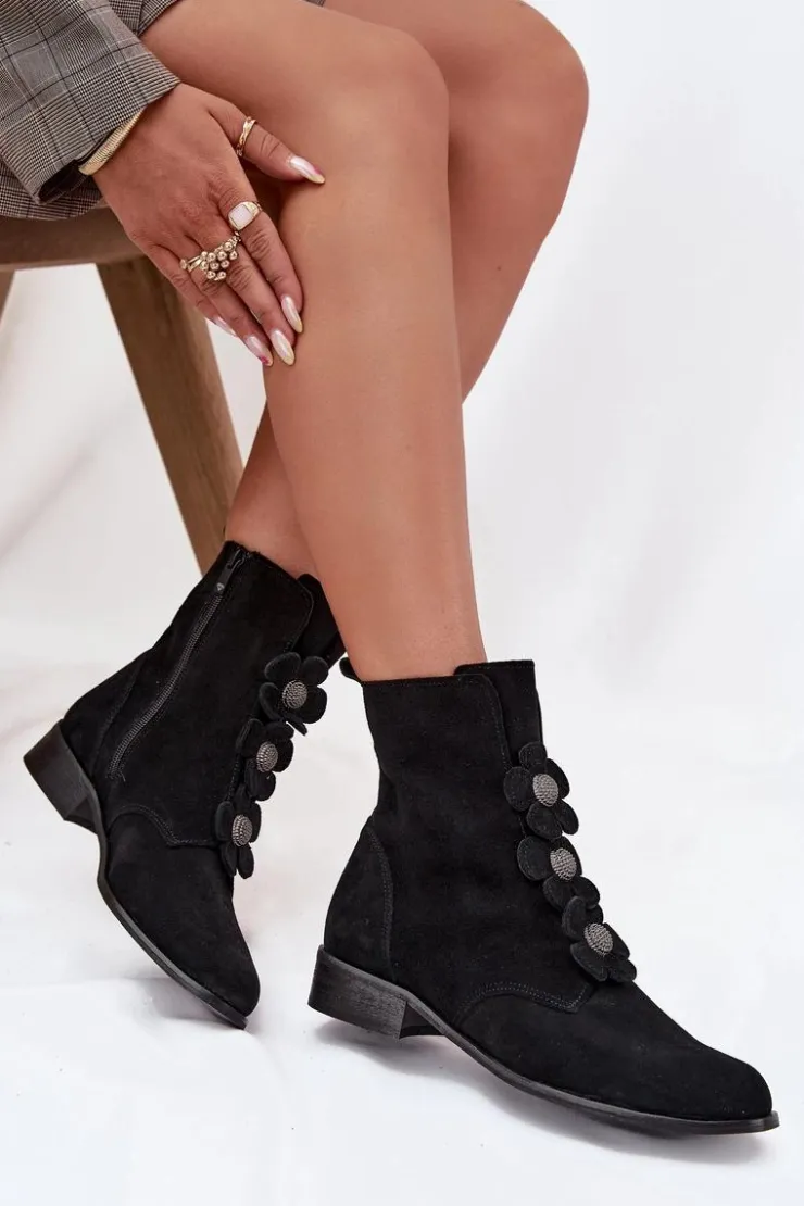Zazoo Botki Płaskie*Zamszowe Botki Damskie Z Ozdobnymi Kwiatkami 3085 Czarne Czarny