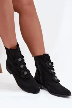 Zazoo Botki Płaskie*Zamszowe Botki Damskie Z Ozdobnymi Kwiatkami 3085 Czarne Czarny