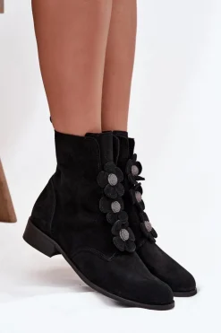 Zazoo Botki Płaskie*Zamszowe Botki Damskie Z Ozdobnymi Kwiatkami 3085 Czarne Czarny