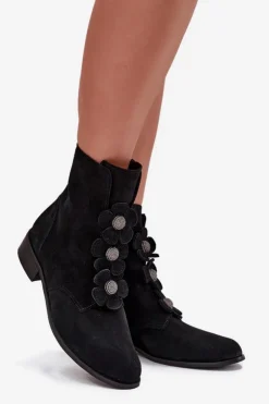 Zazoo Botki Płaskie*Zamszowe Botki Damskie Z Ozdobnymi Kwiatkami 3085 Czarne Czarny